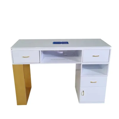 Small Manicure Table with Vacuum Cleaner Golden and White Nail Table for Nail Beauty Salon