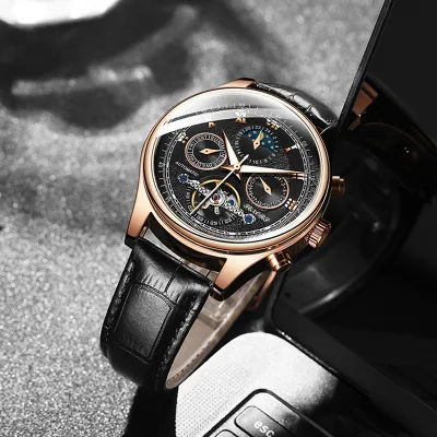 Minimalist Luxury Limited Edition 3BAR Water Resistant Business Moon Phase Leather Band Analog Dial Automatic Mechanical Men's