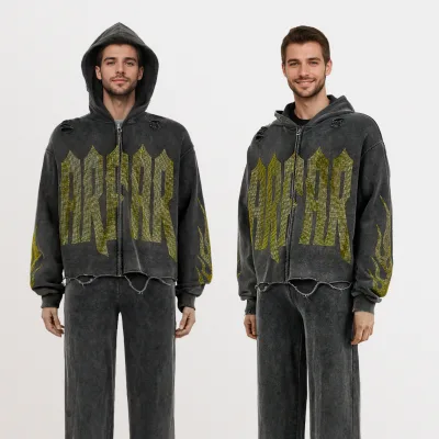 Custom Men's Hoodies Acid Washed Raw and Hem Distressed Rhinestone Letter Loose Zipper Hoodies Men's Sweatshirts
