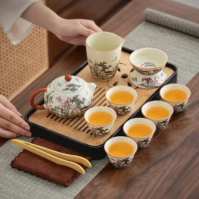 Ru Ware Handmade Ceramic Gaiwan Tea Set Fair Cup Strainer 6 Hat Cups Black Pine Plum Blossom Design Eco-Friendly Portable Case