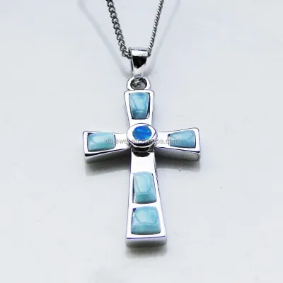 Solid 925 Sterling Silver Cross Larimar Pendants With Blue Fire Opal Larimar From Dominican Republic Jewelry