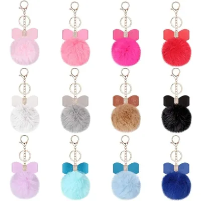 Stylish Accessory Gift for Girl Lady Daily Decor Fluffy Faux Fur Pom Pom Ball Keychain Soft Leather Keyring Bag Charm Pendant