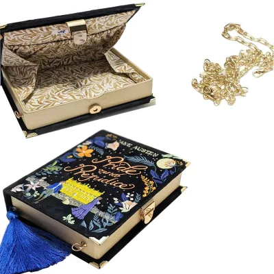 Blue Shoulder Literary Wallet Storage Fabric Embroidered Book Cover Box Jewelry Photo Card Keepsake Box Bag With Metal Chain
