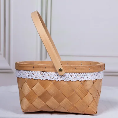 Wood Box Basket Wooden Hand Basket With Handle Small Wood Eco Friendly Round Handmade Woven Built-in Multiple Lattice Morden