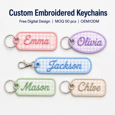 Wholesale Custom Embroidered Keychains Personalized Name Fabric Keyring Gingham Checkered Tag for Bags MOQ 50pcs