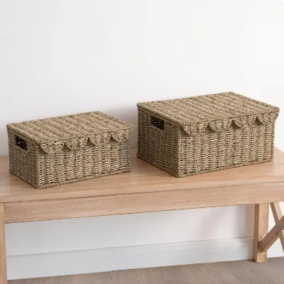 Natural Seagrass Basket with Lid Scalloped Edges Kids Toy Clothes Storage Basket Home Hotel Handmade Basket for Shelf Nursery