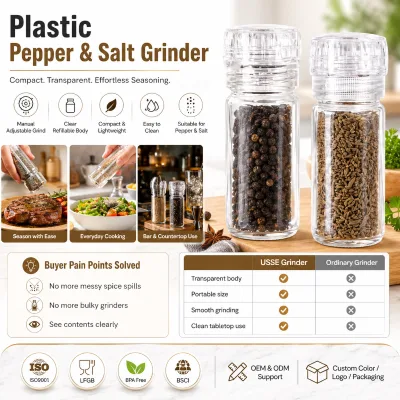 Custom Logo Eco-Friendly Durable Plastic Pepper Salt Grinder OEM Refillable Portable Spice Mill with Private Label Packaging