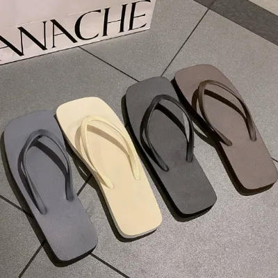 Solid Color Square Toe PVC Flip Flops Soft Anti Slip Beach Thong Sandals Couple Outdoor Travel Slippers Waterproof Flops