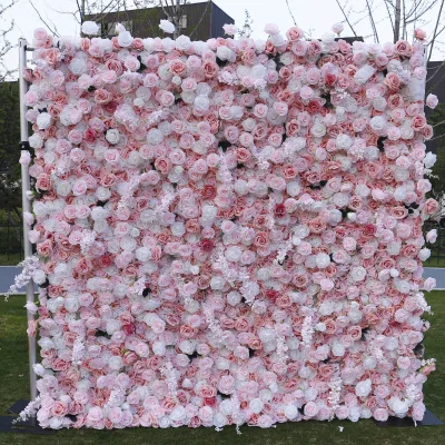 Customized Wedding Background Grind Net Artificial Rose Flower Wall Panel Wedding Backdrop Decoration