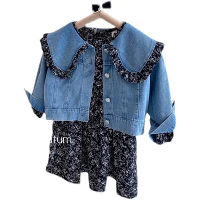 Autumn New Girl Lovely Lapel Denims Top and Floral Dress Two Sets