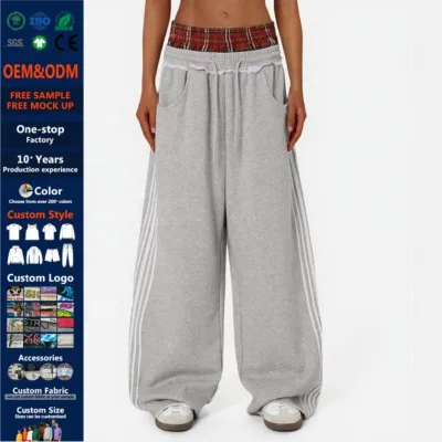 Hot Sale Women's Double Waist Sweatpants Plaid Spliced Striped Baggy Wide Leg Pants Women Streetwear Casual Trousers
