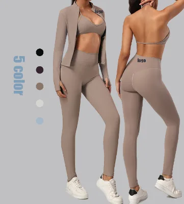 Halter Neck Thumb Hole Long Sleeve High Waist Yoga Set Quick Dry Women Yoga Set Soft Running 3 Piece Yoga Set