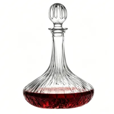 1.8L Vintage Diamond Cut Crystal Glass Decanter with Matching Stopper, Wide Flat Base Liquor Carafe for Whiskey, Wine, Brandy