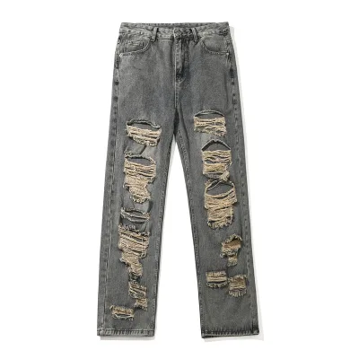 Custom Design High Quality Men's High Waist Denim Pants Hot Sale Vintage Slim Fit Ripped Jeans for Men