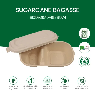 Modern Design Eco-friendly Biodegradable Bagasse Rectangle Bowl Lid Heat-Resistant Microwave Safe Food Sturdy Disposable