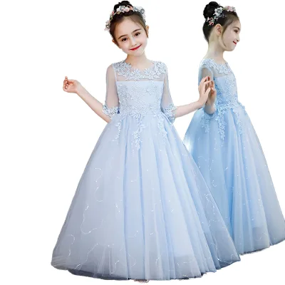 New Fashion Kids Party Dress Lace Flower Girl Wedding Gown With Long Sleeves Cotton and Tulle Fabric Birthday Princess Look