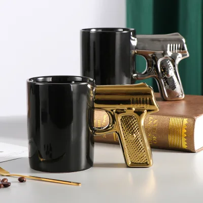 Creative Porcelain Mug Gold Silver Pistol-Shaped Handle Personalized 3D-Shaped Colored Glaze Environmental Protection