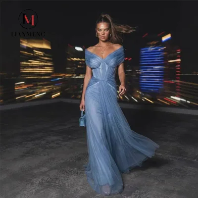 LM D164 Dusty Blue Off Shoulder Tulle Evening Gown Corset Bodice Flowy Formal Party Dress