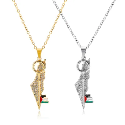 New Rhinestone Palestine Map Chain Necklace Enameled  Gold Plated Enamel Crystal Palestinian Flag Pendant Necklace
