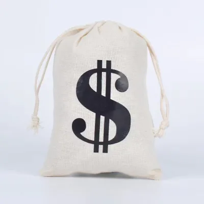 Closure and Dollar Sign Design Money Bag Cotton Canvas Drawstring