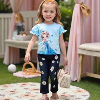 2025 Summer New Girls' Casual Two-Piece Set O-Neck Collar Frozen Print Denim Pants with Short Sleeves for Children