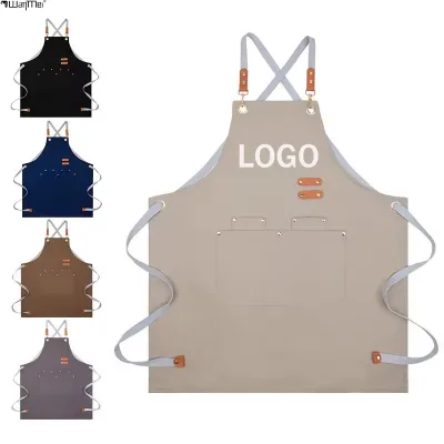 Wanmei Wholesale Waterproof Canvas Coffee Shop Barista Chef Kitchen Apron Custom Logo Bar Salon Barber Hairdresser Work Aprons