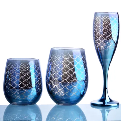 Blue Fish Scale Glass Stem Wine Glass with Colored Stem for White Wine