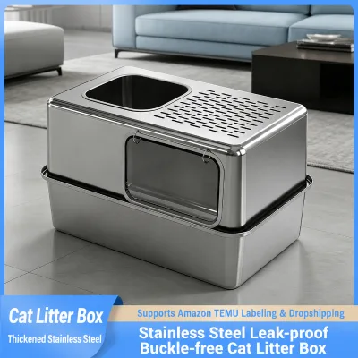 Buckle-free Fully Enclosed Stainless Steel Silver Cat Litter Box 35L Oversized High Fence Deepened Easy-to-clean Anti-splash