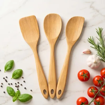 Prime Bamboo Wooden Spoons Cooking Set 3 Pcs Eco-Friendly Food Safe Long Handle Includes Flat Spoon Spatula & Slotted Spoon