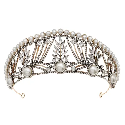 Alloy Luxury Baroque Retro Pearl Crown Gold Geometry Style Diamond Rhinestone Princess Wedding Tiaras