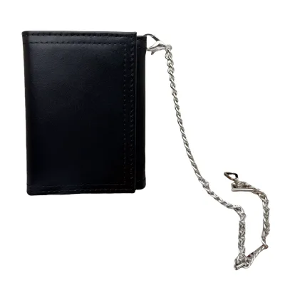 Black Portable Business RFID Anti-theft Customized Men's Tri-Fold Leather Wallet with Waist Chain
