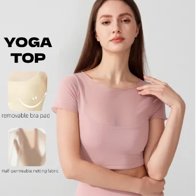 Custom logo Women's Yoga Crop Top With Half-Permeable Netting Fabric Short Sleeve Removable Bra Pad Slim Fit Activewear Top