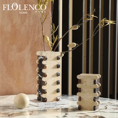 Natural Travertine Tenon Joint Vases Interlocking Stone Beige Travertine & Black Marble Geometric Vases for Wabi-Sabi Home Decor
