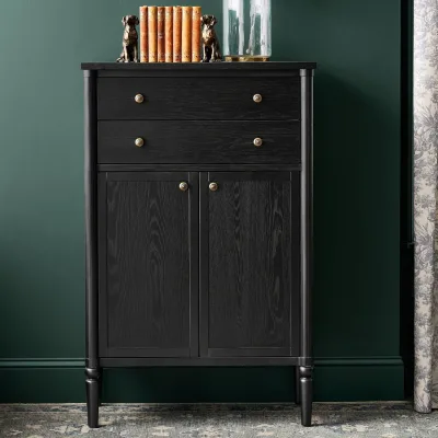 French Black Tall Cabinet Narrow Storage Chest with 2 Drawers & 2 Doors Accent Cabinet with Brass Knobs for Bedroom & Entryway