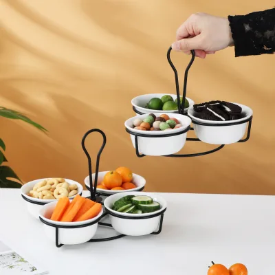 New Design Dipping Soy Sauce Dish Bowl Dessert Nut Serving Tableware Restaurant Ceramic Serving Dishes With Iron Stand