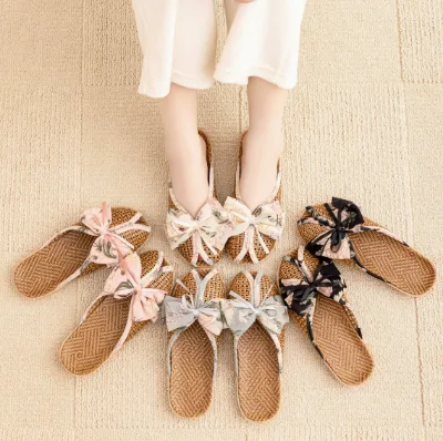 Summer Woven Straw Slippers Women Closed Toe Indoor House Shoes Handmade Breathable Non Slip Cute Home Slippers