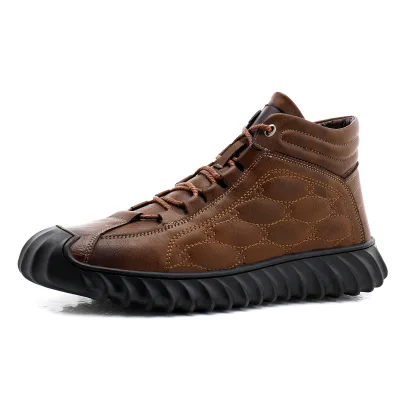 Men's Winter Hooded Plush Leather Boots With Warm Lace up Mid Top Cotton Shoes and High PU Shoes