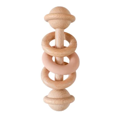 Best Selling Beech Wood Ring Rattle Teether Montessori Baby Teething Rings Wooden Baby Rattle Teething Toy for Newborn