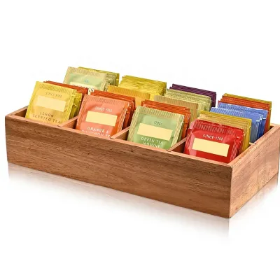 Wholesale Acacia Wood Square Tea Bag Organizer with 8 Slots Portable Multifunction Holder Sugar Storage for Countertops