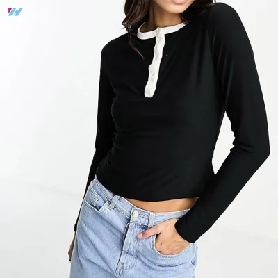 Custom High Quality Women Casual Blank Black Cotton Long Sleeve T Shirt