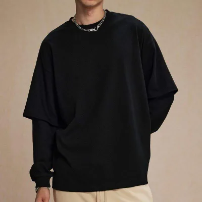 Wholesale Men's Unisex Oversized Casual 100% Cotton Jersey Breathable Long Sleeve T-Shirt with Plain Patchwork Streetwear Design