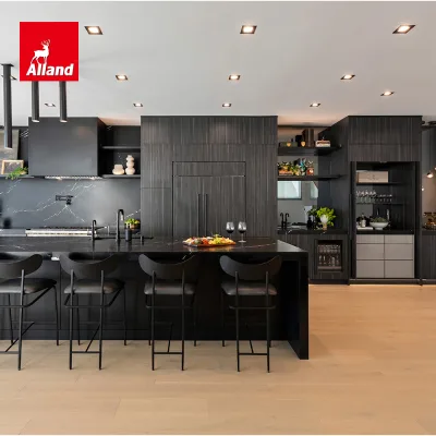 Alland European Modern Luxury Wood Ready Fridge Matt Black Handleless Pocket Door Kitchen Cabinet With Island for Villa Project