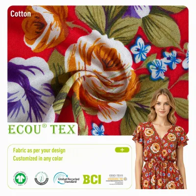 GOTS Certified Organic Cotton Fabric Floral Print Custom Design Soft Breathable for Dress Apparel Home Textile Wholesale