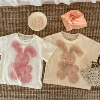 Custom Children Girls' Casual Printed Cartoon Rabbit Knitted Cotton Blend Crew Neck Short Sleeve Cute Summer Top