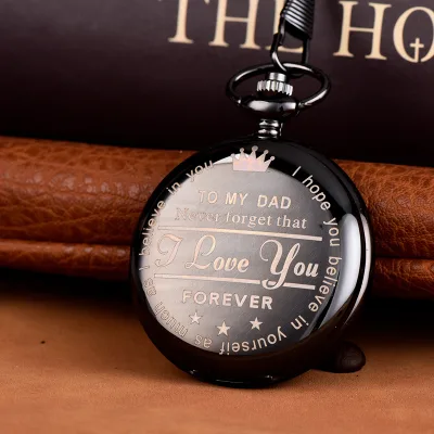Antique Style to My Dad Pocket Watch Quartz Watch with Necklace Chain Black Case Father's Day Gift for Men Family Vintage Watch