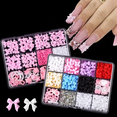 12 Grid Set Bow Knot Nail Decoration Cartoon Rabbit Bow Pearl Mixed Set Box Resin Nail Charms Wholesale