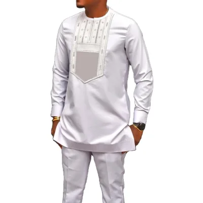 Men's Elegant Suit Pants Suit Embroidered Round Neck Long Sleeve  Two-Piece Social African Ethnic Men's Muslim Clothing