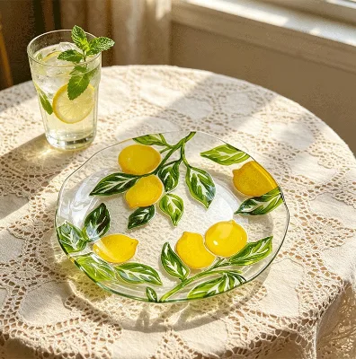 Harmony Eco Friendly Cherry Pattern Glass Plate Embossed Clear Fruit Salad Serving Tray with Utensil Kit for Home