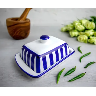 Dark Navy Blue Striped Handmade Hand Painted Ceramic Butter Dish With Lid