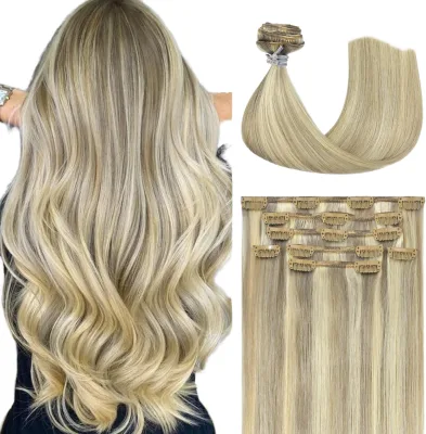 Honsoo Clip-in Virgin Real Human Hair Extensions 12inch 70g 7pcs Straight Silky Balayage Mixed Bleach Blonde All Colors Suitable